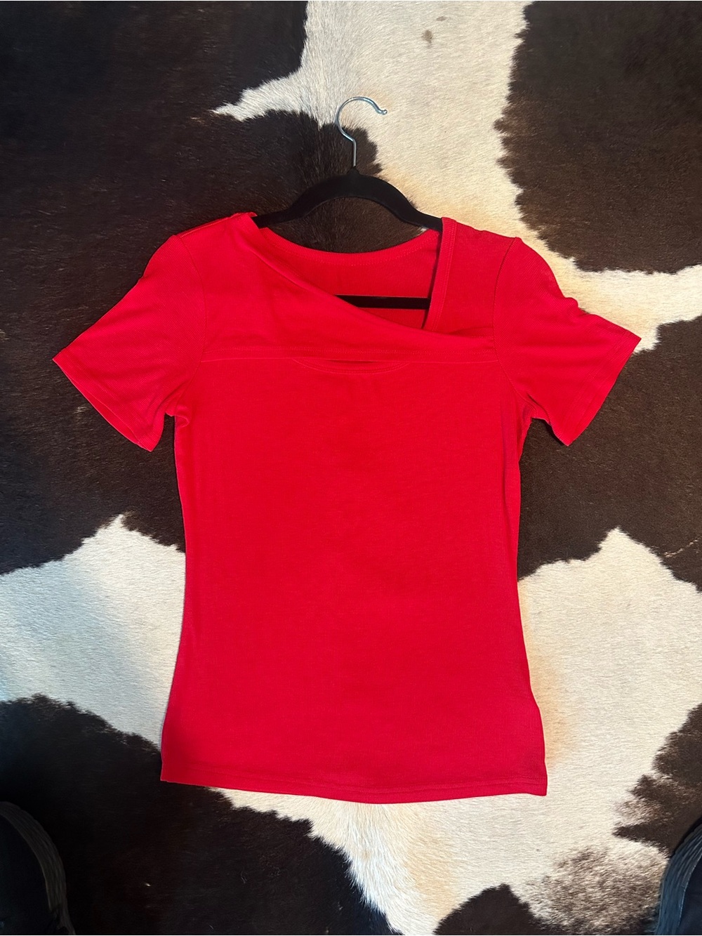 Women’s Red Short-Sleeve Asymmetric Neck Top